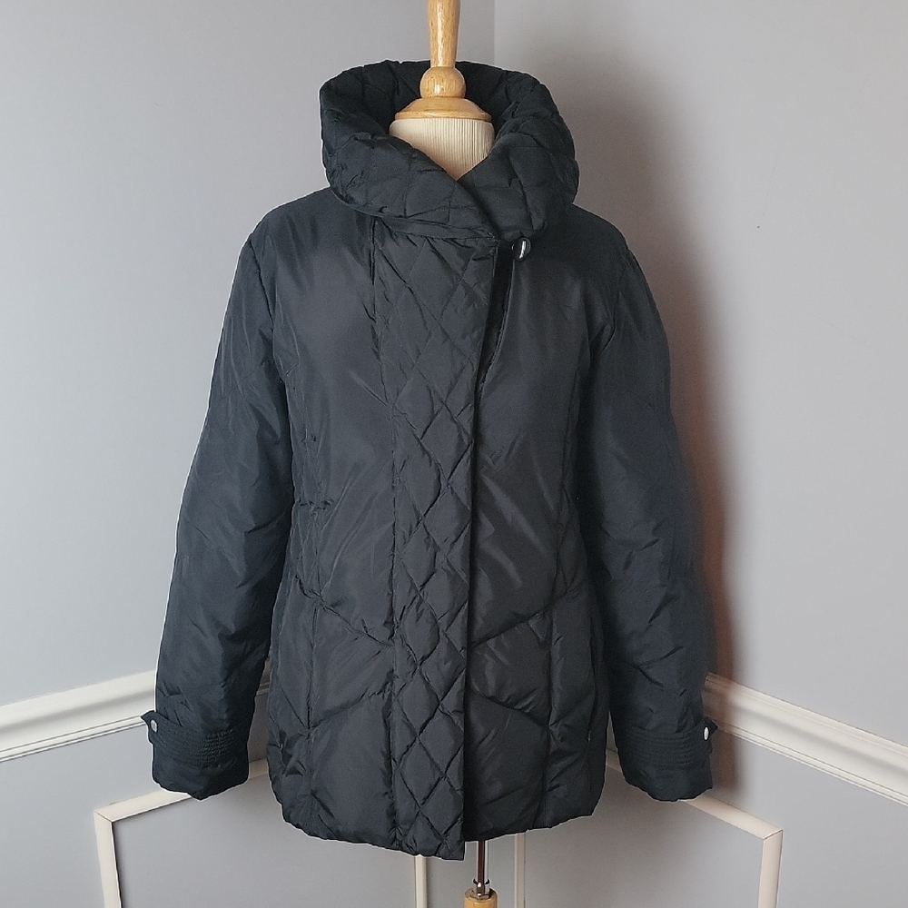 LARRY LEVINE Down Black Shawl Collar Warm Glam Winter Quilted‎ Puffer Jacket L